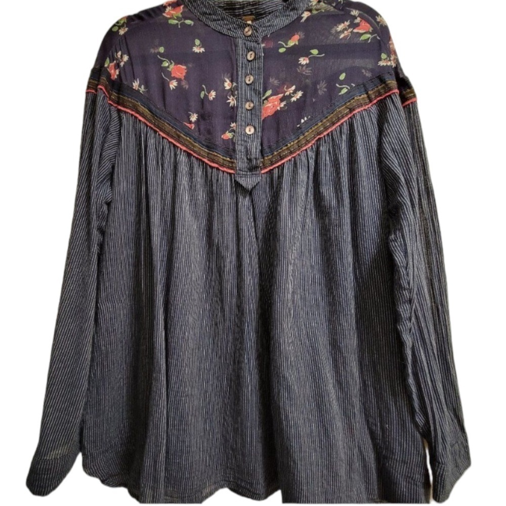 FREE People Navy Blue Pinstripe Sheer Floral Boho Oversized Tunic Blouse Top - Picture 5 of 16